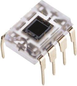 A macro image of an 8-legged integrated circuit in a clear package.